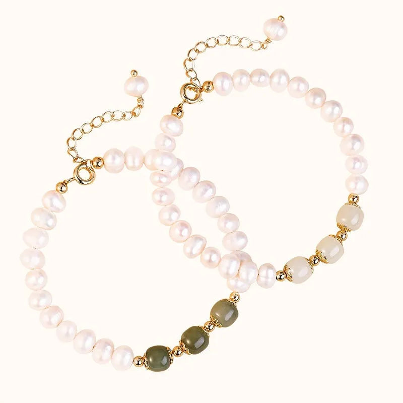 Korean style freshwater pearl bracelet with diamond-shaped electroplated beads in jade colours