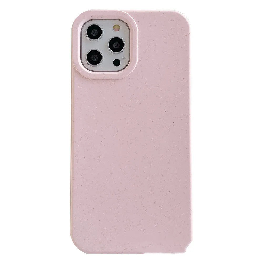 Fully degradable wheat straw bioplastic rear cover case for Apple iPhone on a table, shown in one of seven available colours.