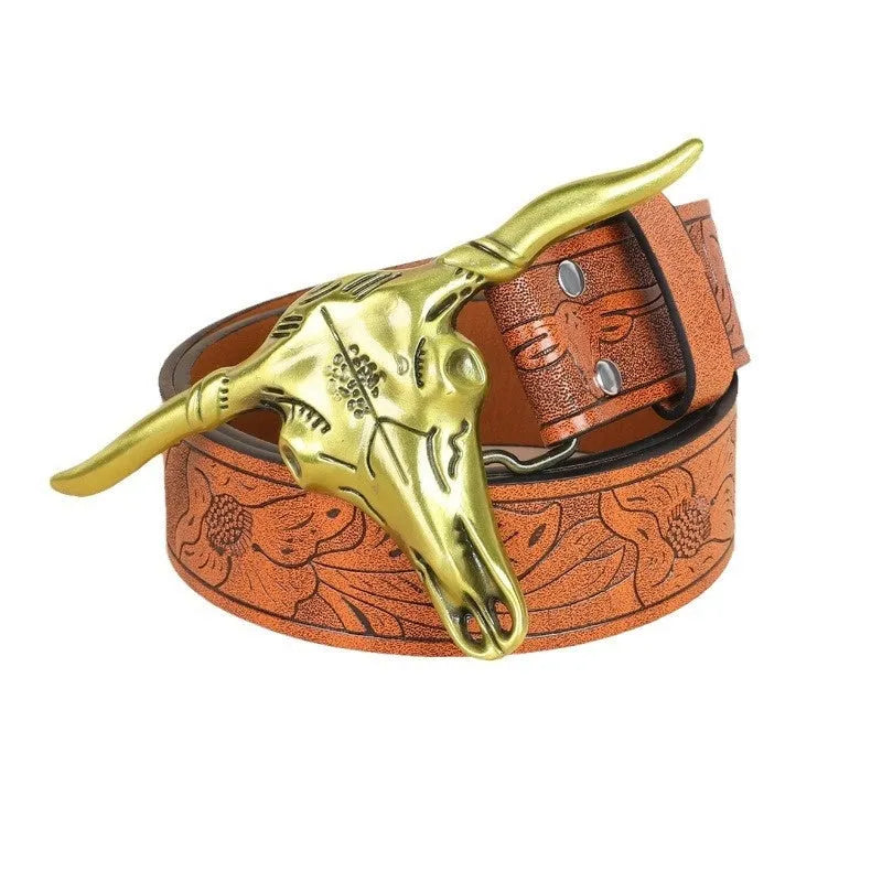 Men's brown belt with detailed cow head alloy buckle and imitation leather strap showing pin buckle closure