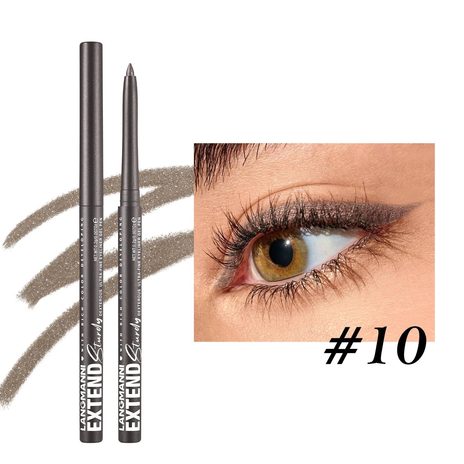 Set of 12 colourful gel glitter eyeliner pencils arranged showing metallic, matte, and glitter finishes.