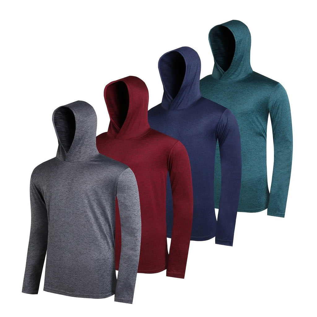 Four men's lightweight hoodies folded, showing elastic polyester fabric and available colour options.