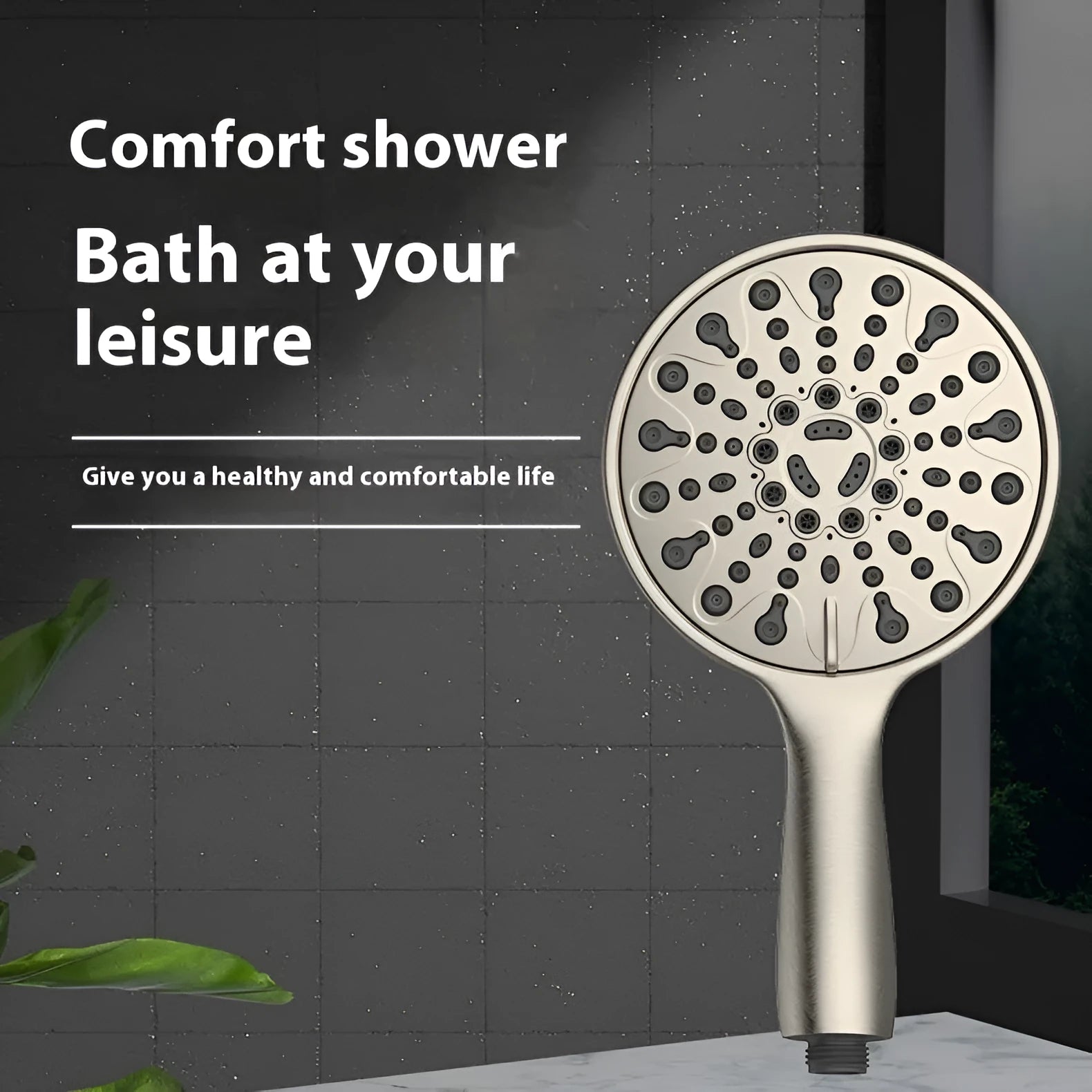 Silver electroplated handheld shower head with six functions including massage and rain settings.