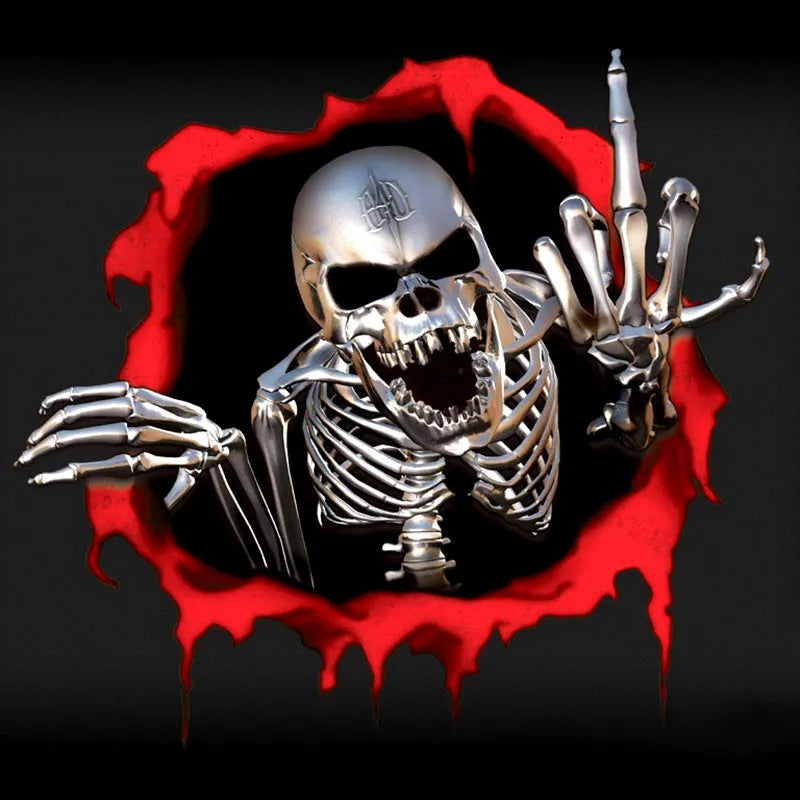 Colourful reflective metal skull car bumper sticker with broken shell pattern