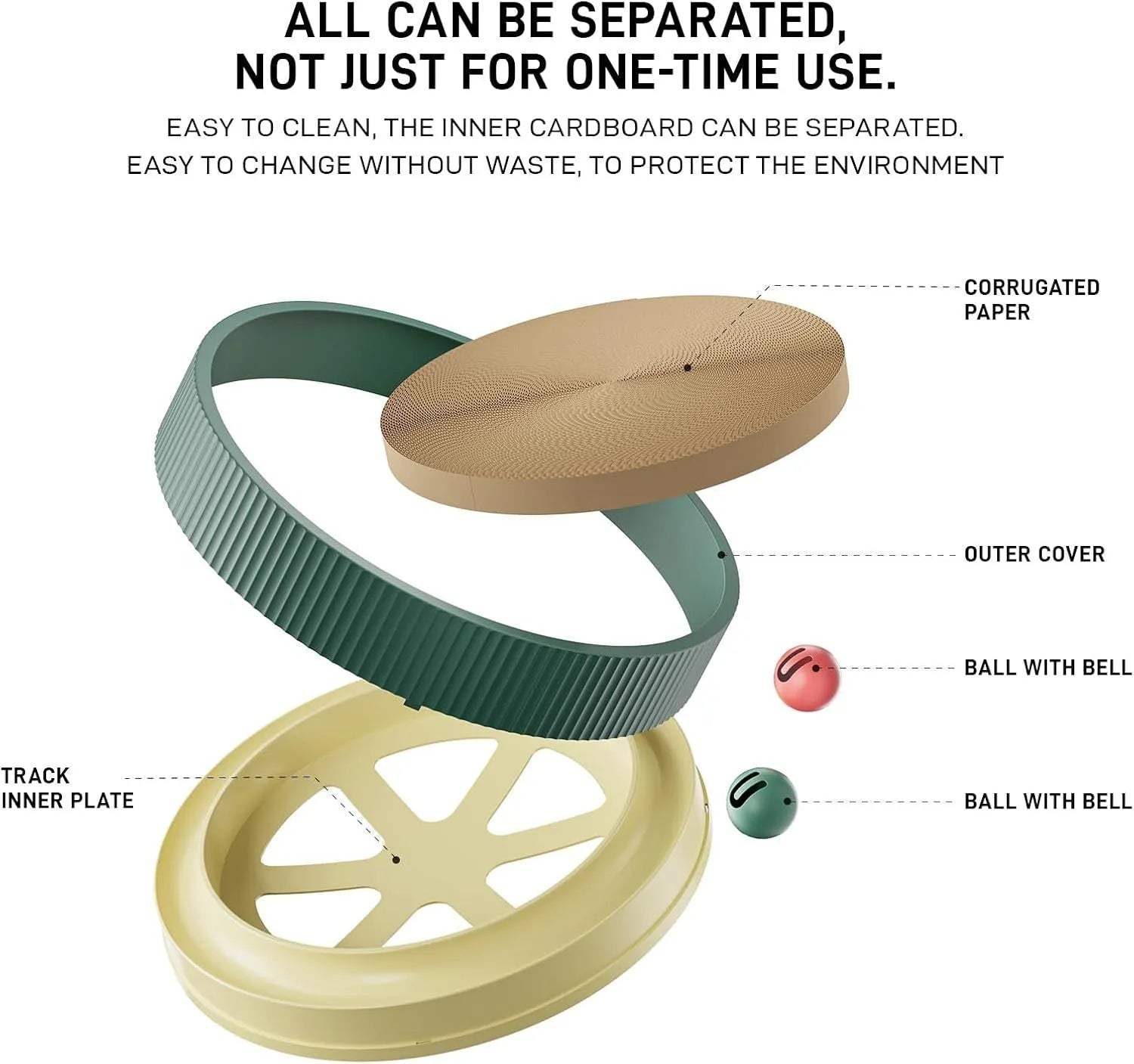 Large circular cat scratching board with bell toys and replaceable cardboard core