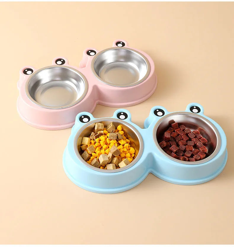 Stainless steel frog-shaped pet bowl set with separate food and water compartments