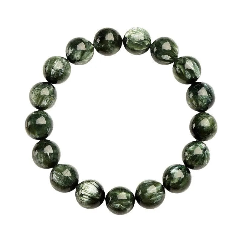 Natural green dragon crystal bracelet with 8-9mm round beads and ruyi geometric design