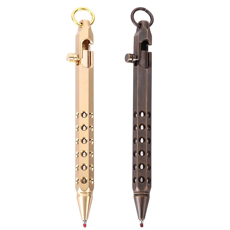 Brass hexagonal bolt pen showing six-sided shape and metallic construction with 0.5mm writing head