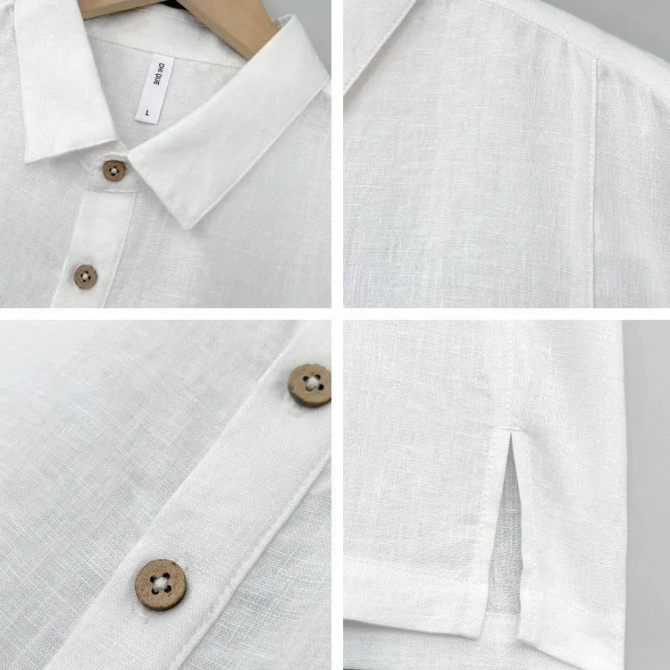 Men's loose-fit linen summer top with thin lapels and short sleeves in gray green colour