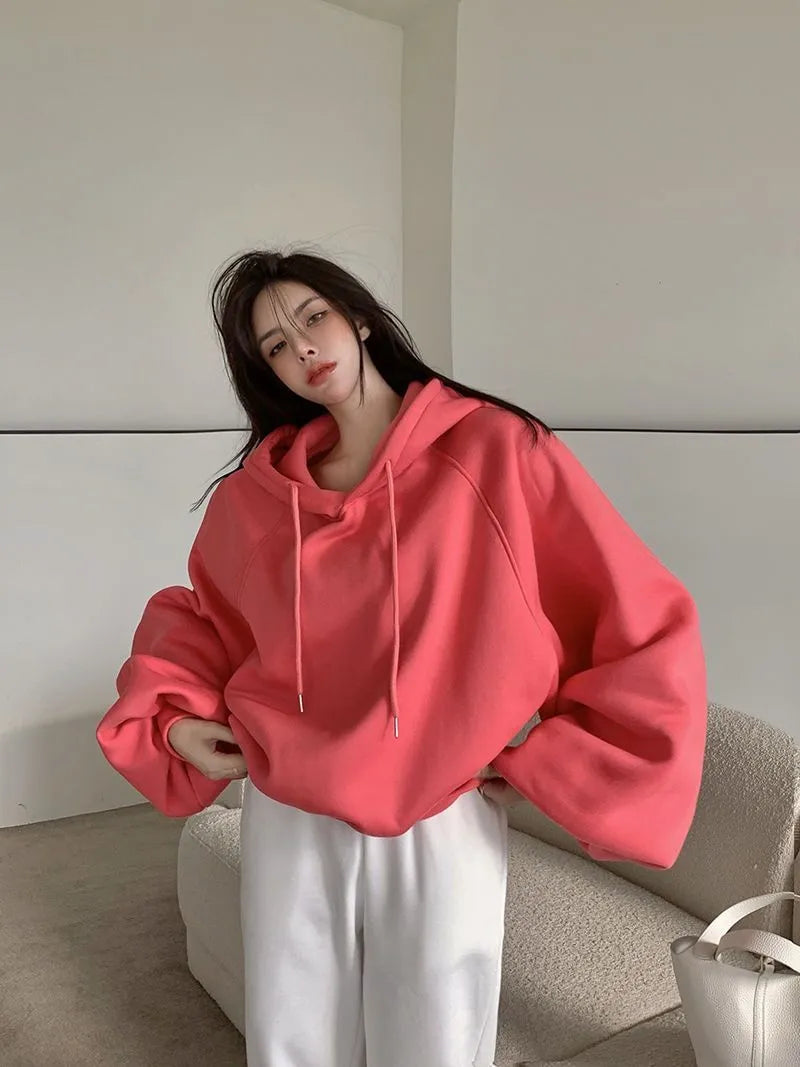 Women's watermelon red mulberry silk loose hooded sweater front and back views