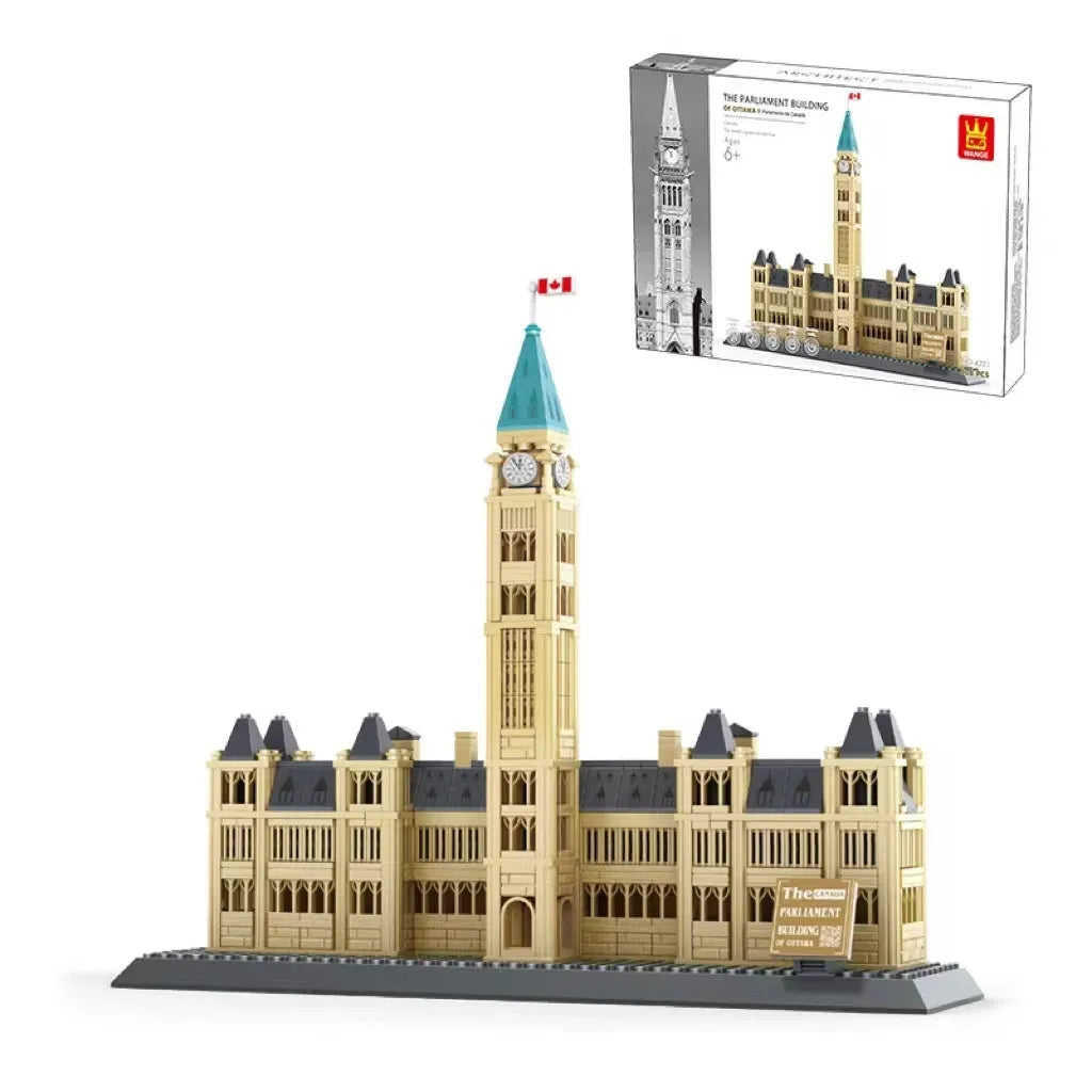 Wange plastic building block set with over 800 pieces for constructing landmark models including Big Ben and the Statue of Liberty.