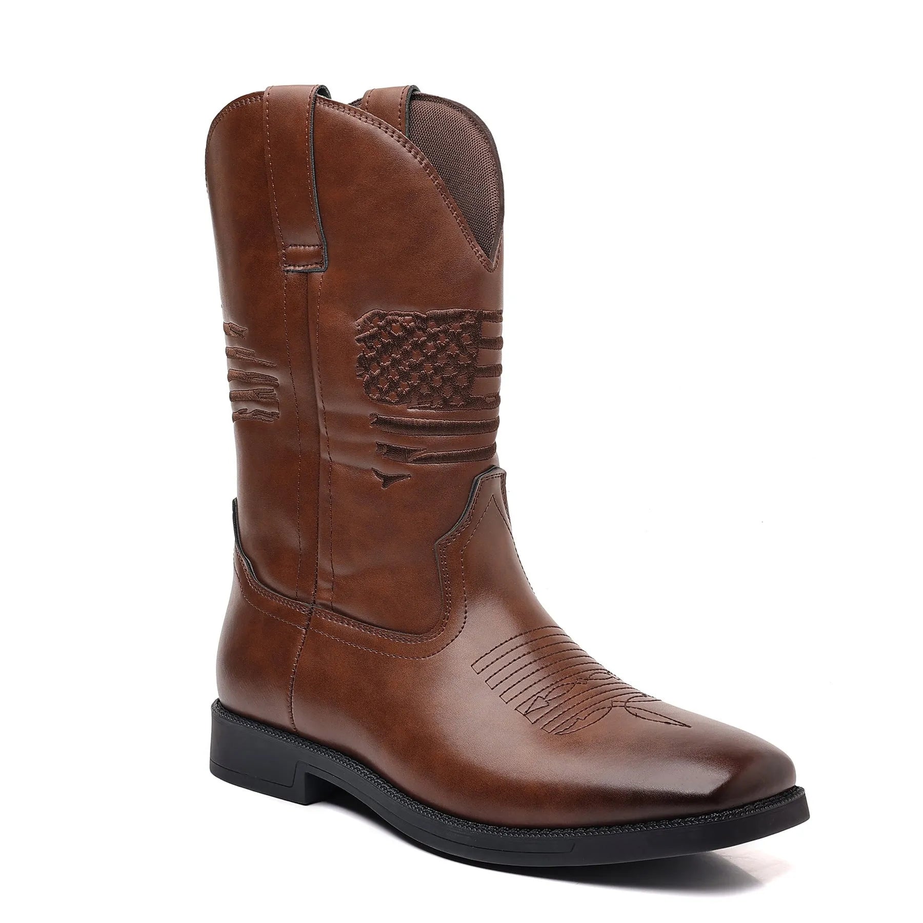 Men's brown retro wide head square toe cowboy boots with high shaft and mesh lining