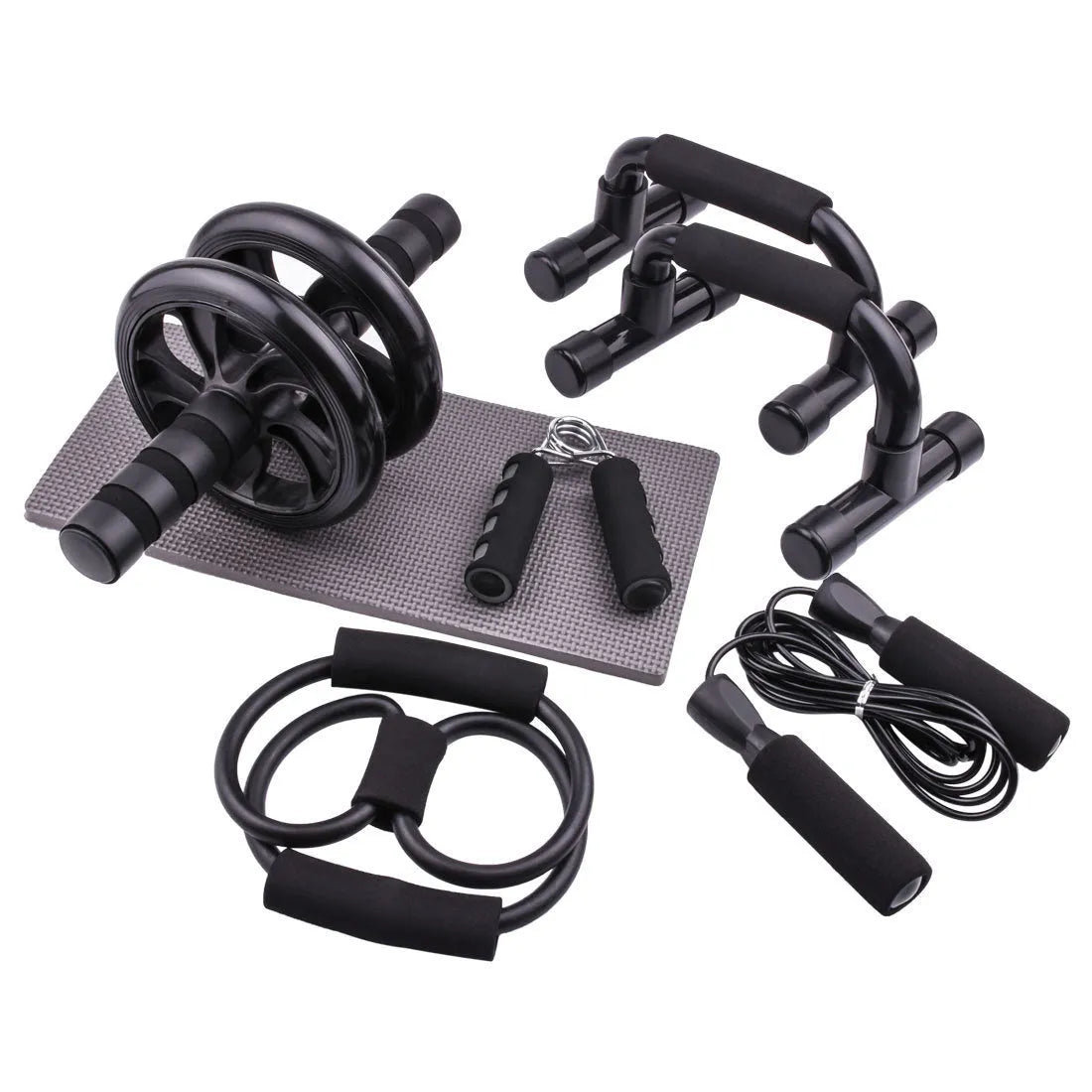 Red push-up bracket with abdominal wheel for indoor fitness training and core exercises.