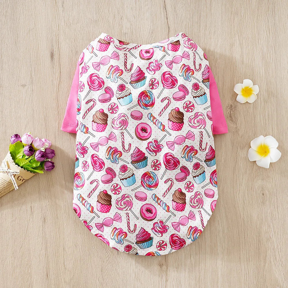 Small dog wearing full print polyester T-shirt clothing in casual style with measured bust and back length