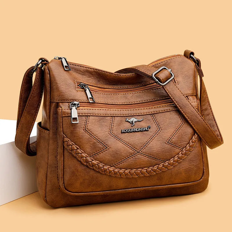 Soft PU leather women's shoulder bag in a horizontal square shape with a large capacity interior