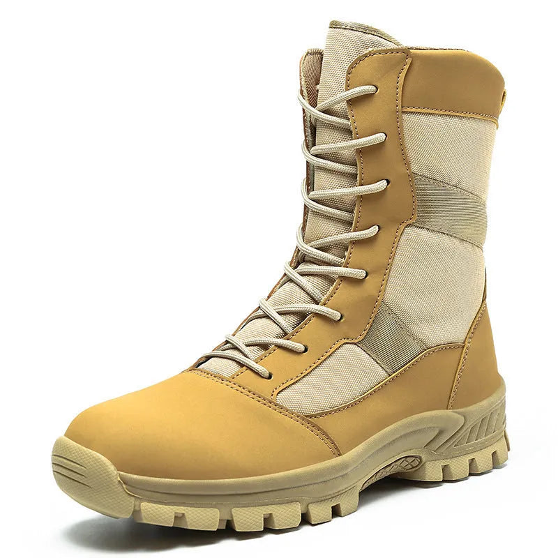 Plus size men's high-top Martin boots in black and camouflage colours with mesh upper