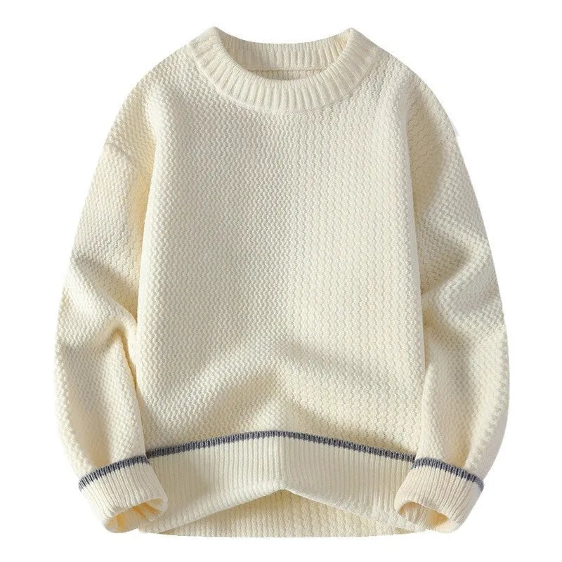 Men's loose fit round neck pullover sweater in polyester blend fabric for autumn wear