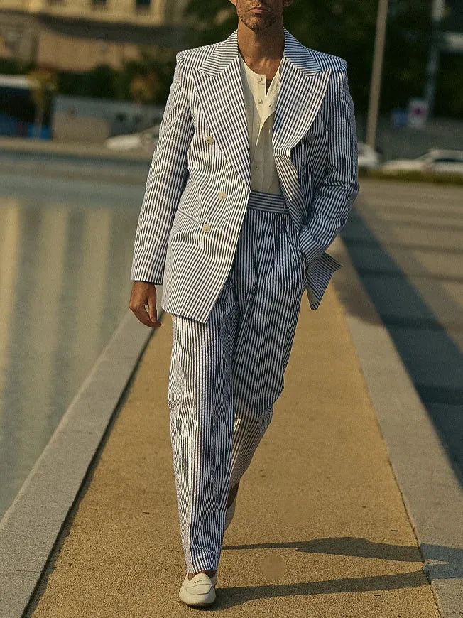 Blue and white striped polyester suit set with blazer and trousers in regular fit