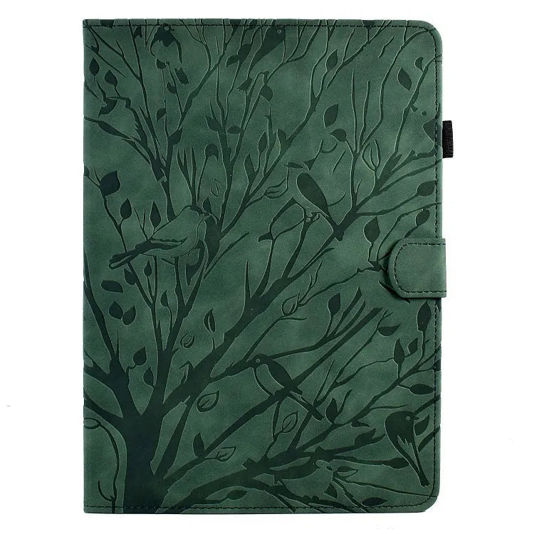 Black imitation leather tablet case with an integrated kickstand bracket, shown propping up a tablet.