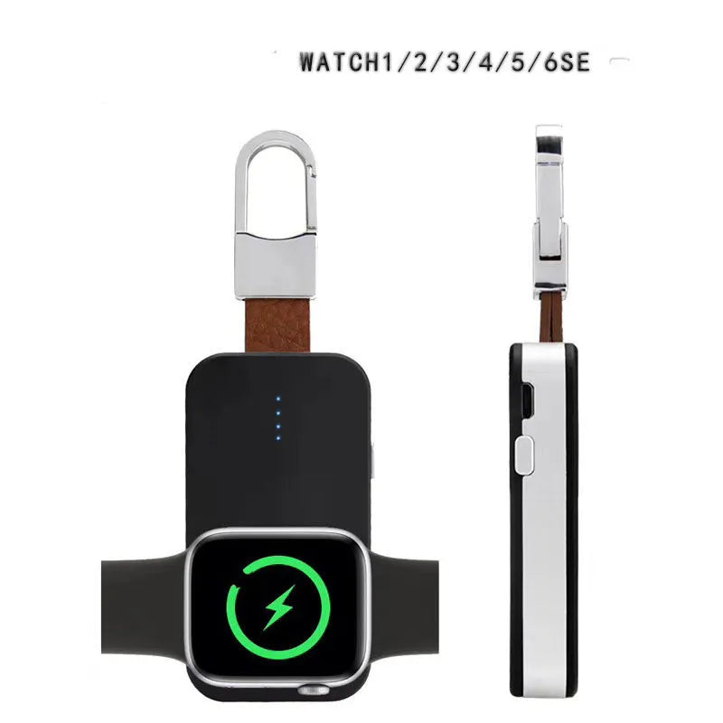 Black Apple Watch portable power bank keychain charger with USB port shown next to an Apple Watch.