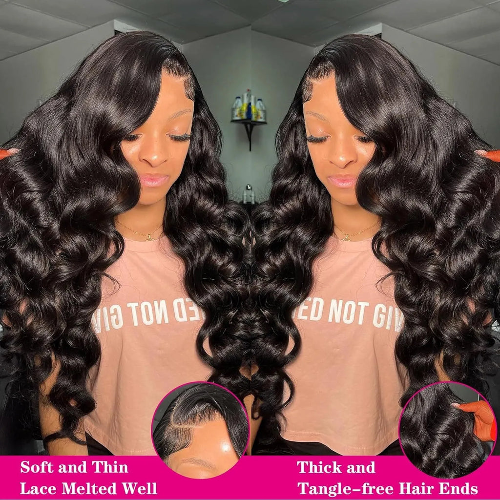Black full-head wig with long, large curly waves and a lace mesh cap construction.