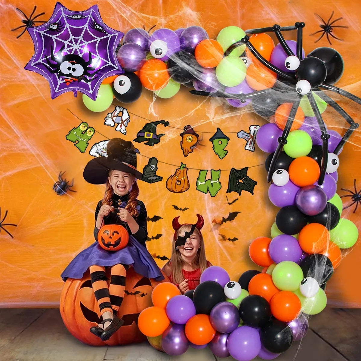 Black and white latex Halloween spider balloon arch decoration set.