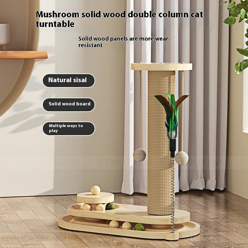 Solid wood cat turntable scratching post with oval mushroom design and natural finish for indoor climbing