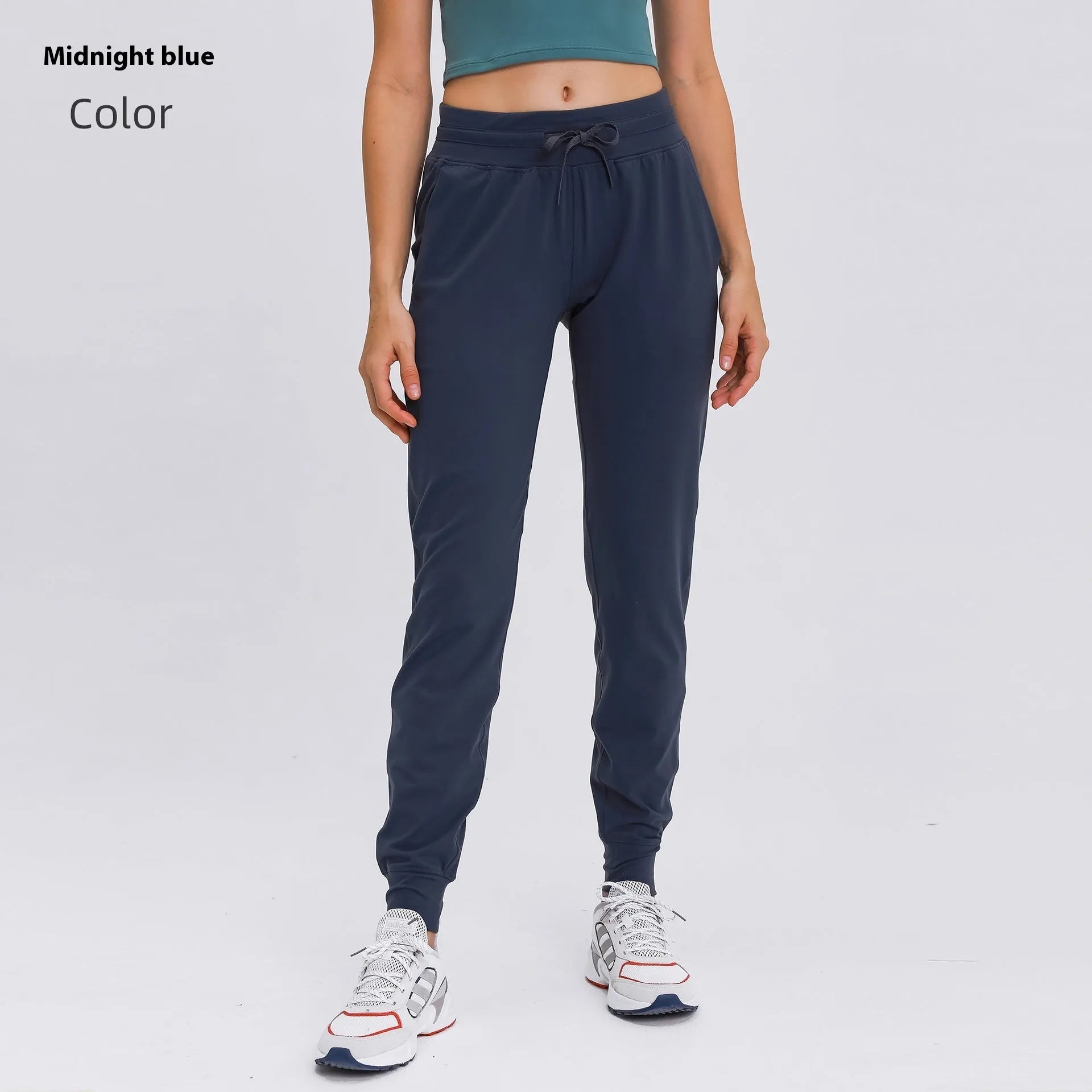 Women's high waist yoga pants with drawstring waistband in Belgian Blue colour