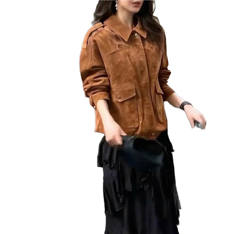 Women's brown suede coat with regular sleeves in street-chic style, showing polyester construction