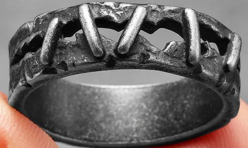 A stainless steel double ring with dark punk stitching details, shown in style 2 colour.