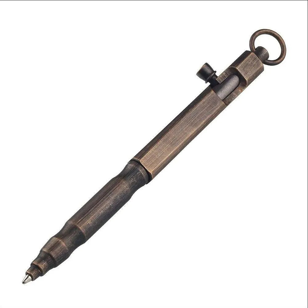 Brass hexagonal bolt tactical pen with pure copper alloy construction and retro colour options