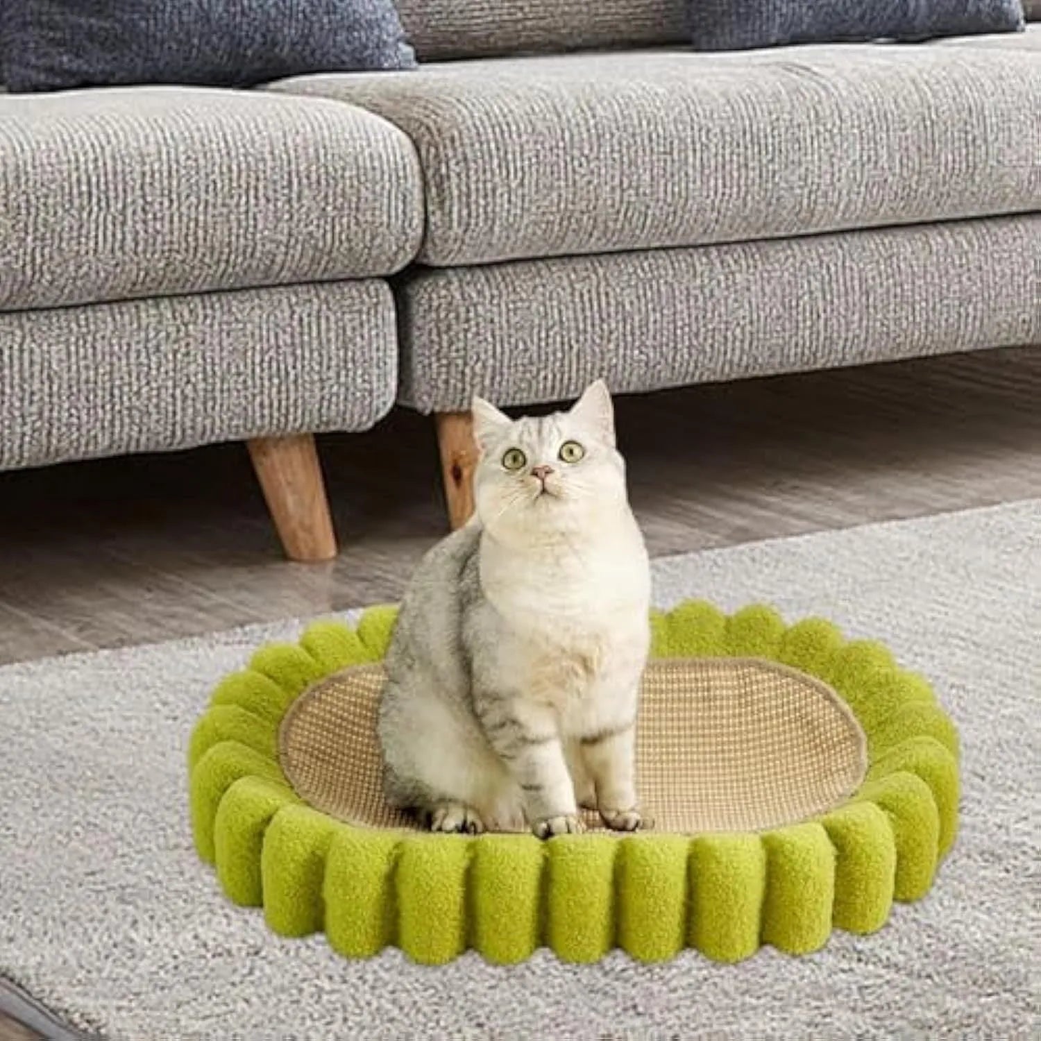 Green oval sisal cat scratching pad serving as a lounging bed, dimensions 650mm by 420mm.