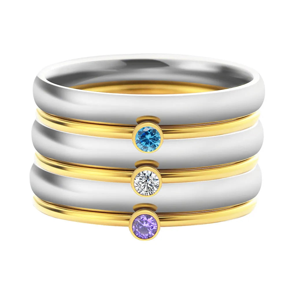 December birthstone engraved titanium steel ring with geometric design and gold-coloured handle