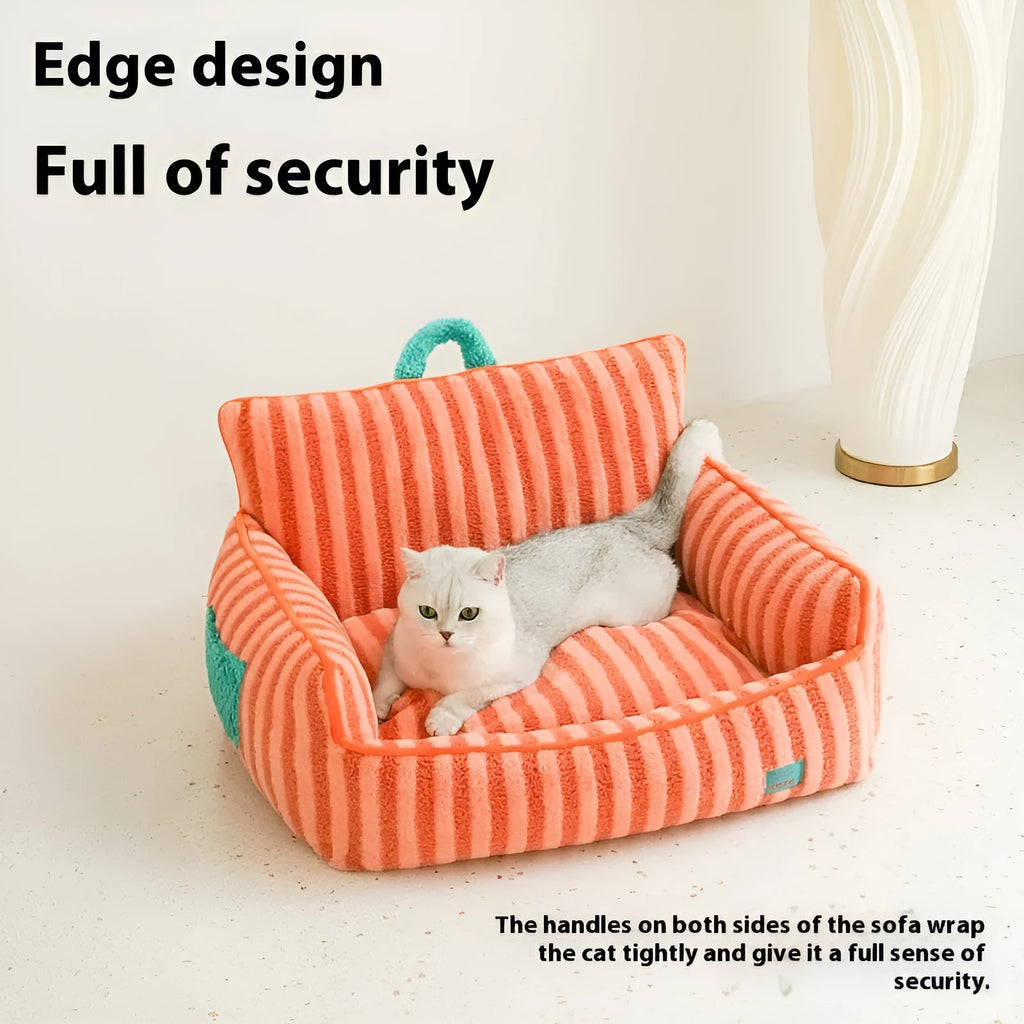Striped soft velvet pet bed in yellow, orange, and purple colour options with a removable cover.