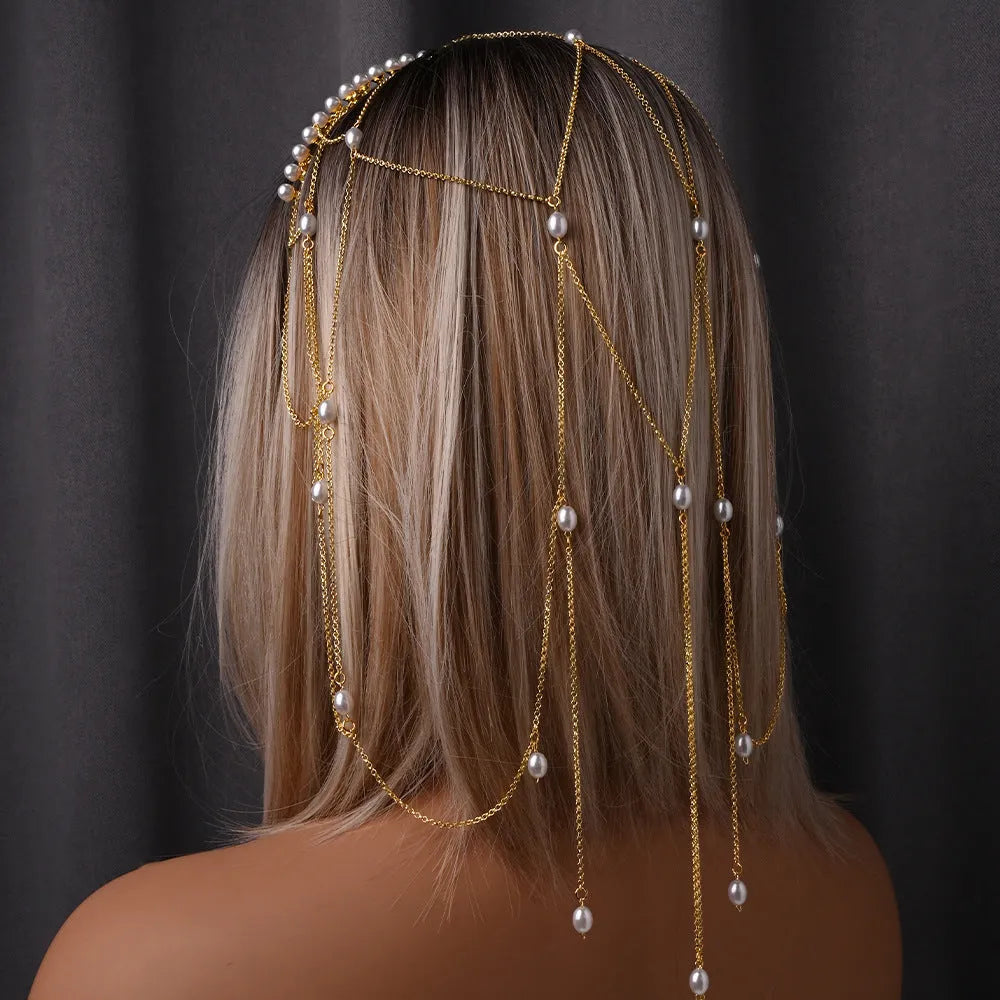 Gold and silver mesh hair chain for women with pearls and tassels