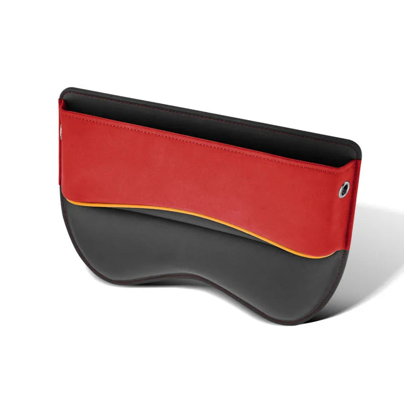 Leather car seat storage box in beige suede colour on a vehicle seat