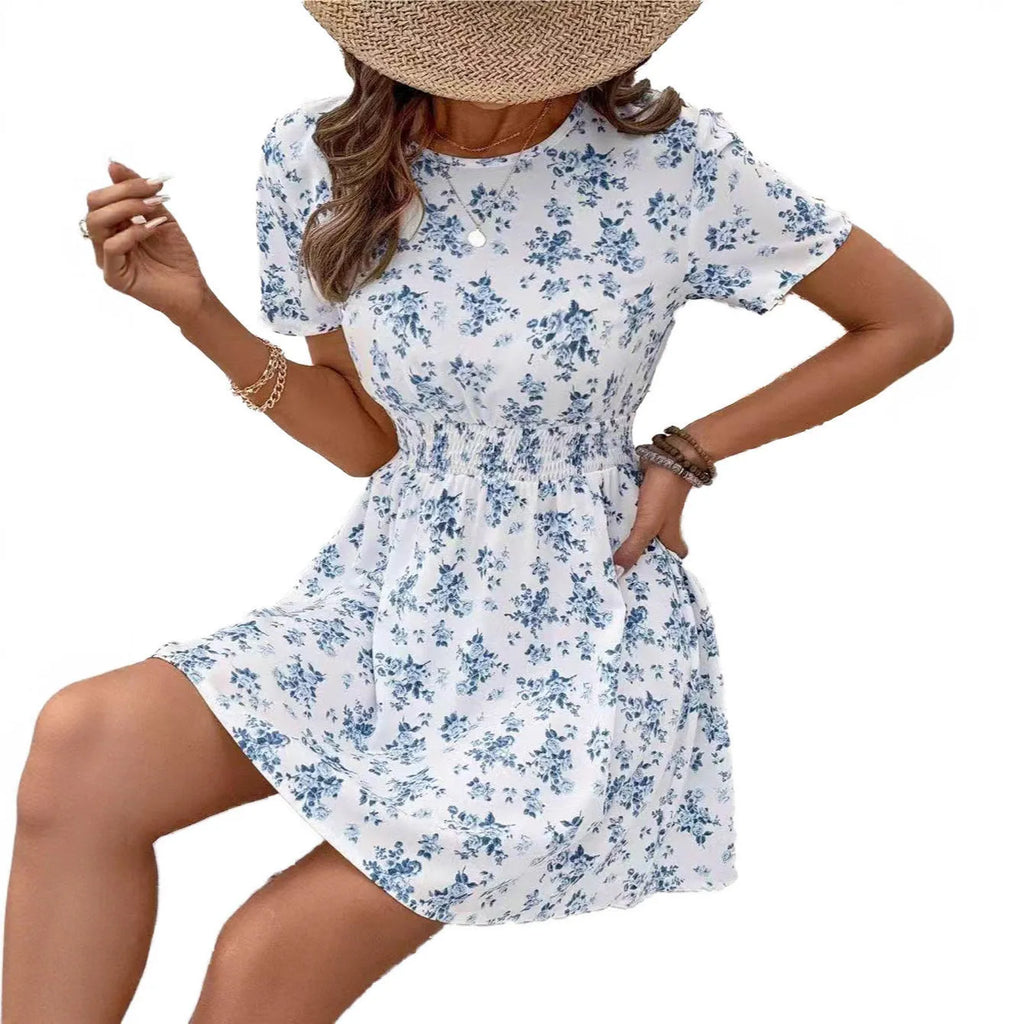 Light blue A-line dress with high waist design and regular sleeves for casual Japanese Korean fashion