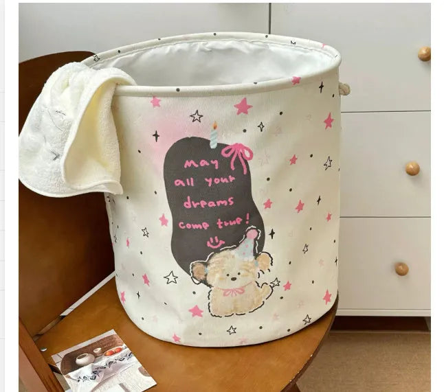 Foldable cotton laundry basket in mint green colour with bear design pattern for bedroom storage