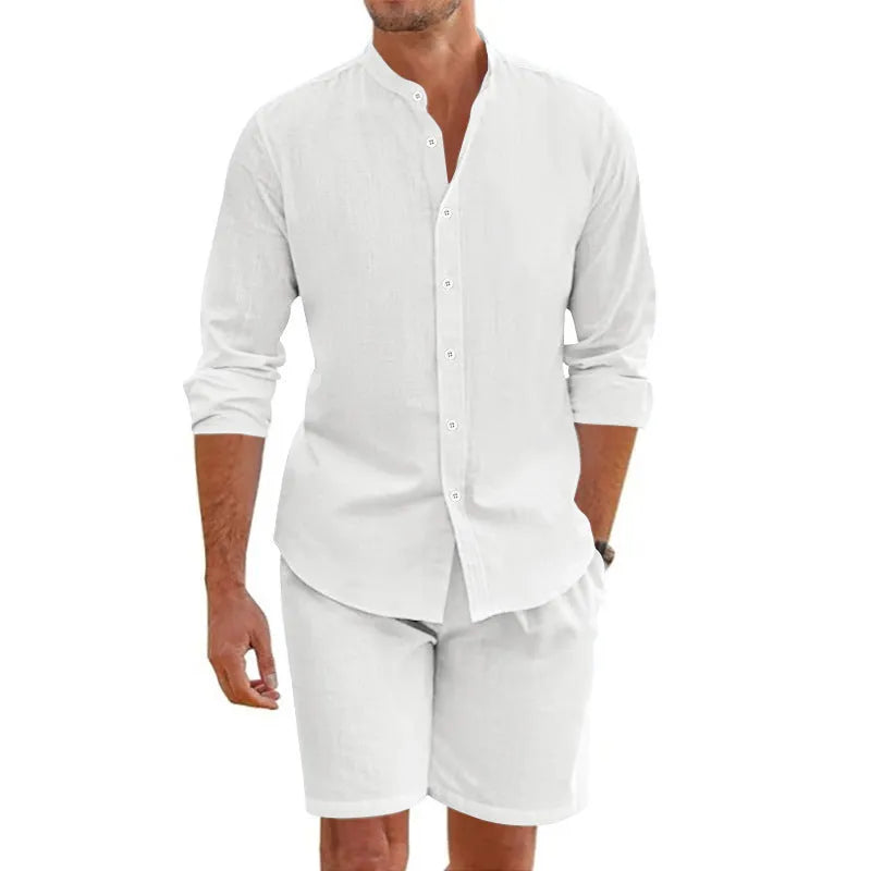 Men's dark grey linen blend summer shirt suit with lapel button-down short sleeve top and drawstring shorts