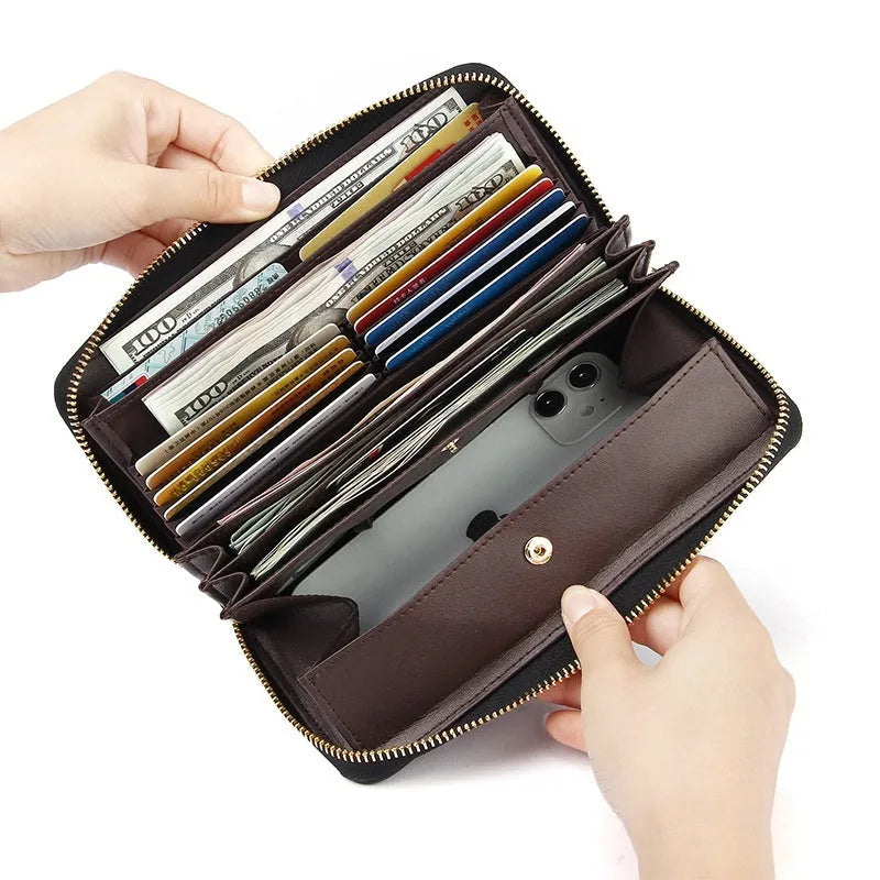 Genuine leather women's wallet showing interior compartments and anti-theft card swiping feature