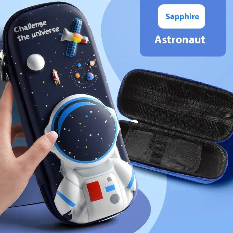 3D leather pencil case in a box shape showing one of the available design options such as a spaceship or unicorn