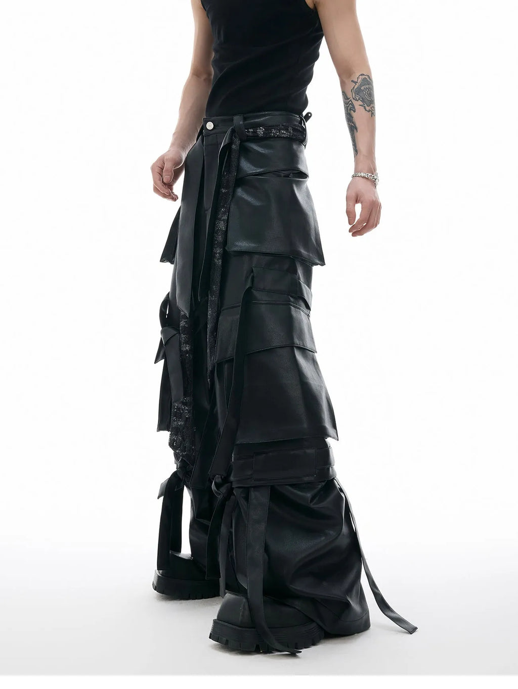 Black loose fit leather-look pants with quilted multi-pocket design showing front and back views