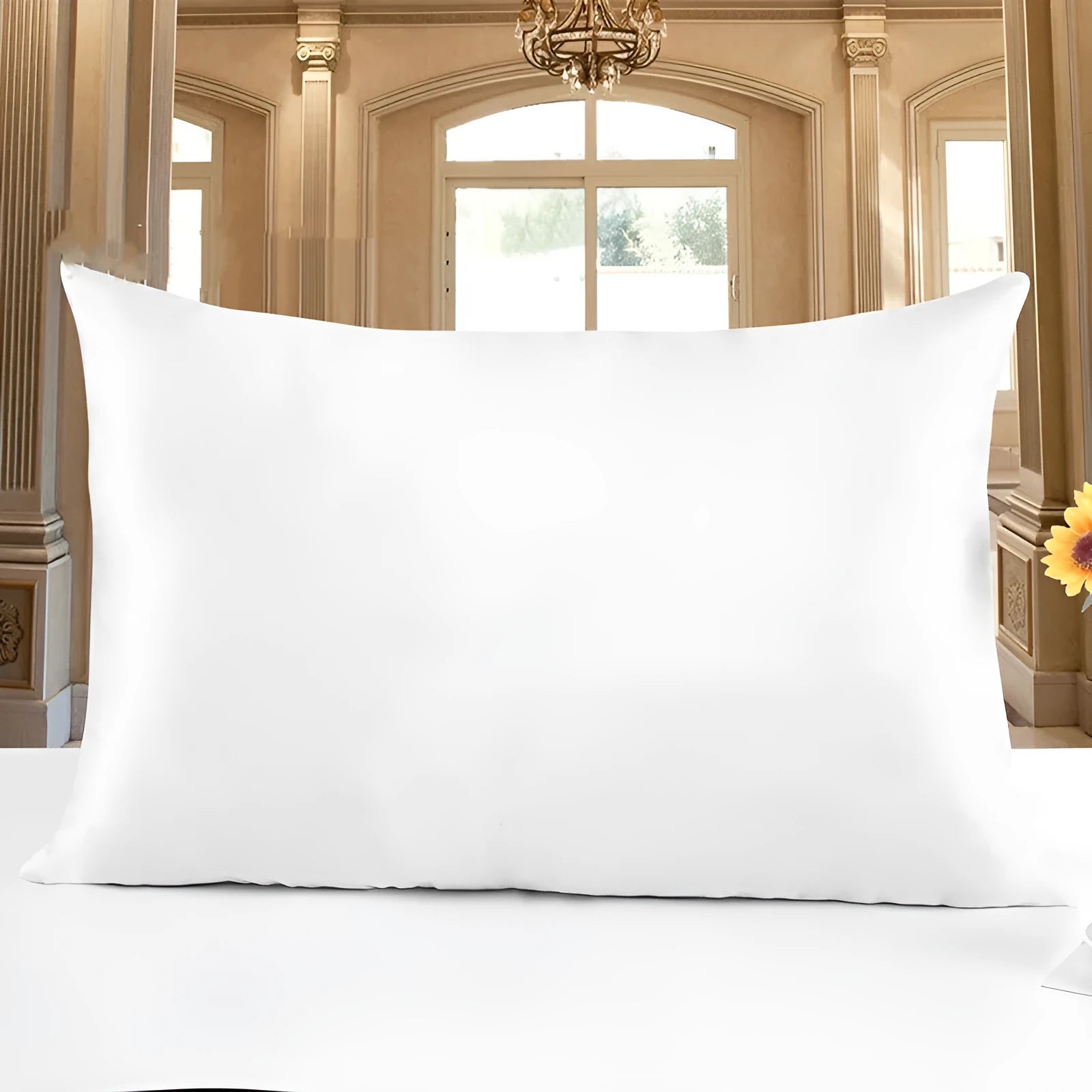 19 M double-sided silk pillowcase in apricot colour showing smooth texture and hem detail.