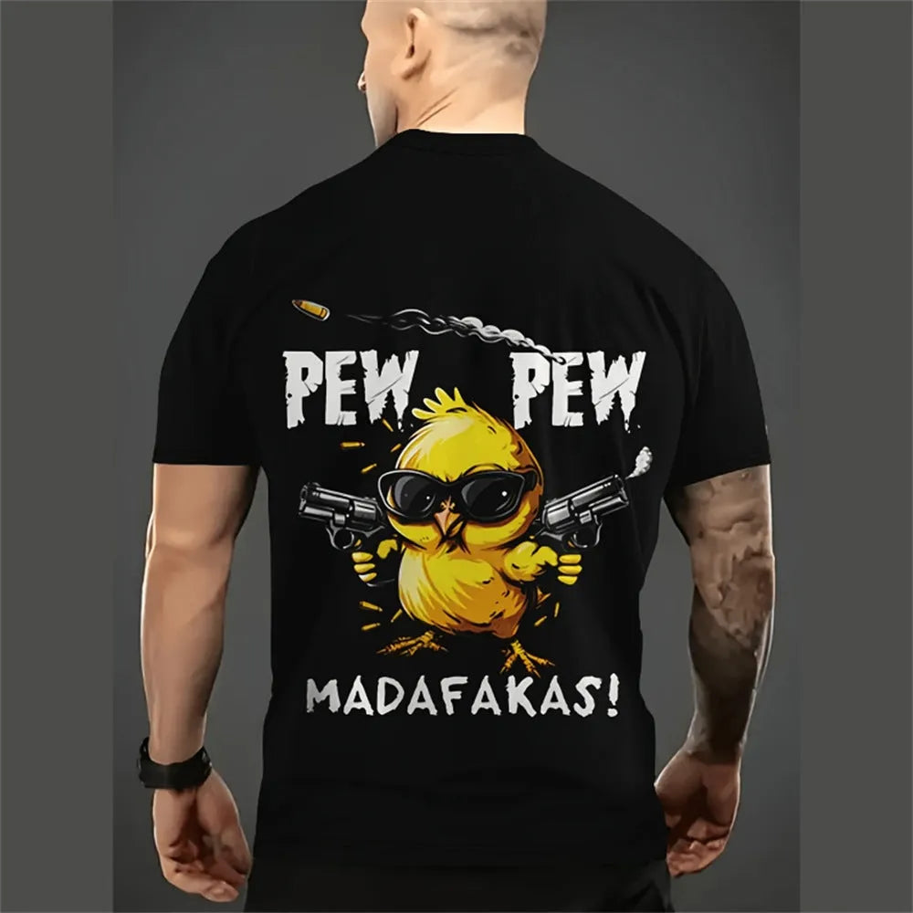 Men's loose-fit light blue T-shirt with a large cartoon character 3D print on the front.