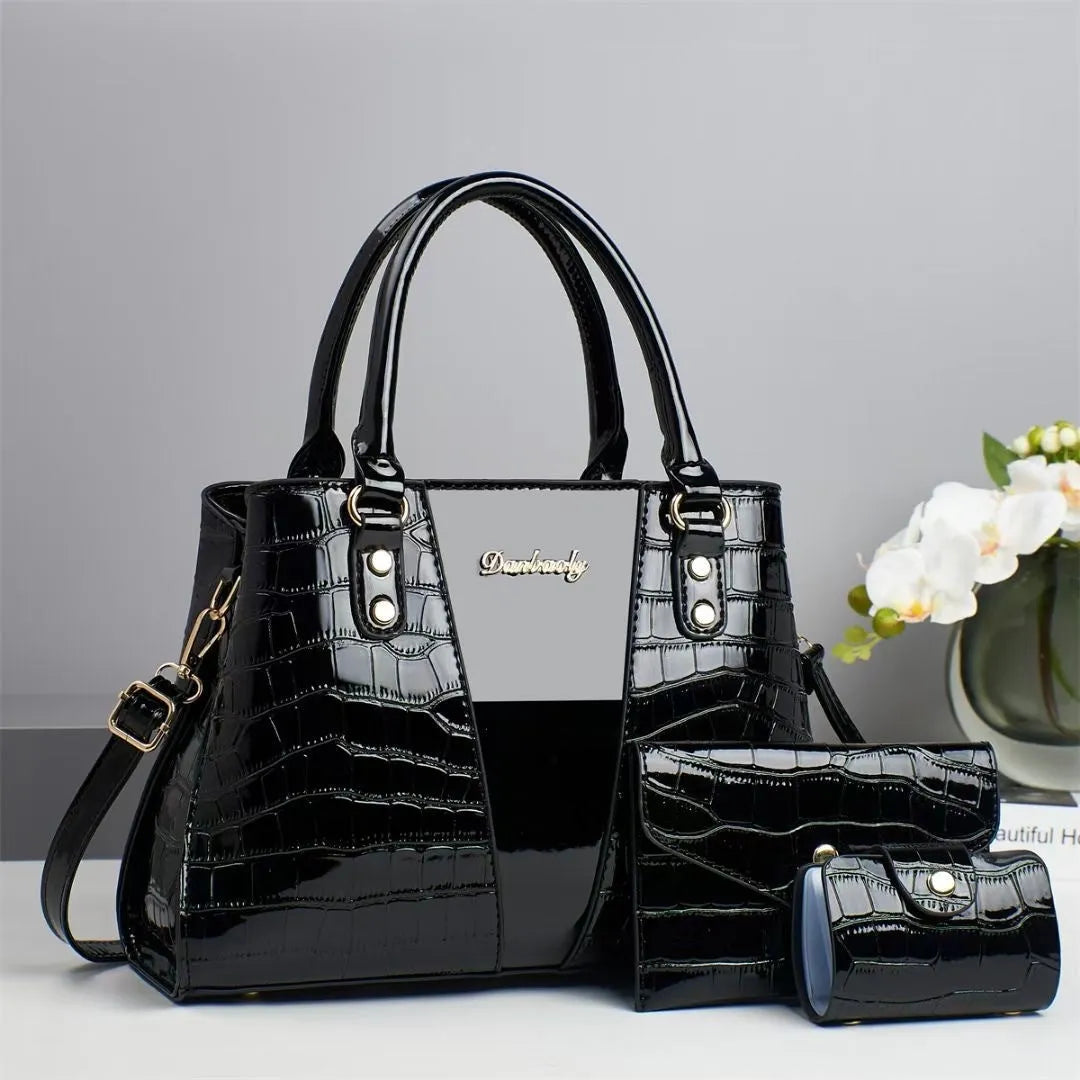 Women's crocodile stitch three-piece shoulder bag set in PU leather showing main bag, small bag, and card pouch