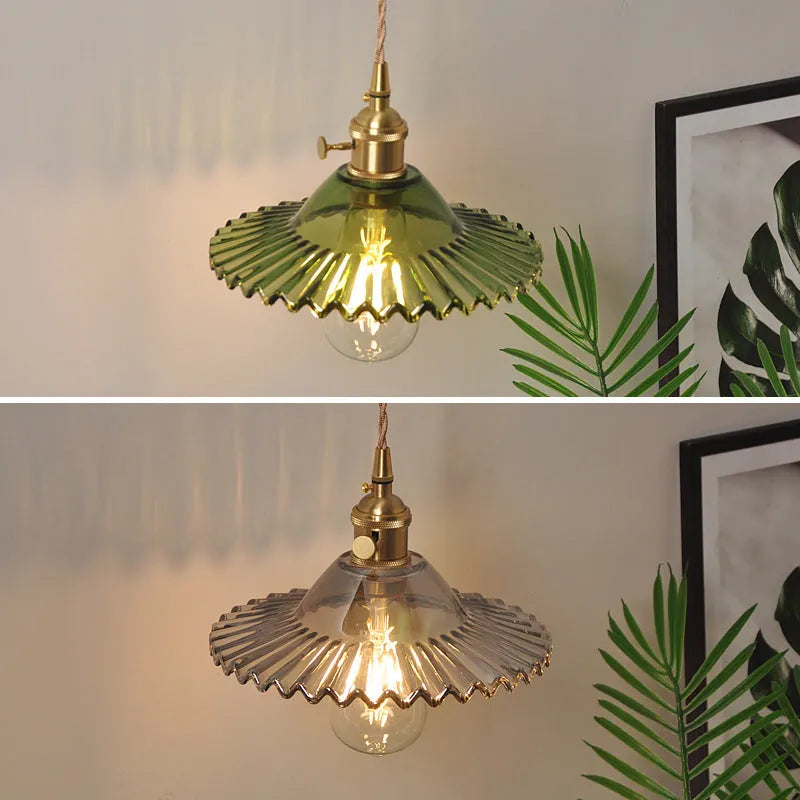 Copper retro lotus wall lamp with glass shade in amber colour variation