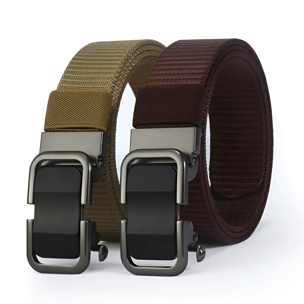 Men's nylon canvas belt with a silver toothless alloy buckle on a grey strap.