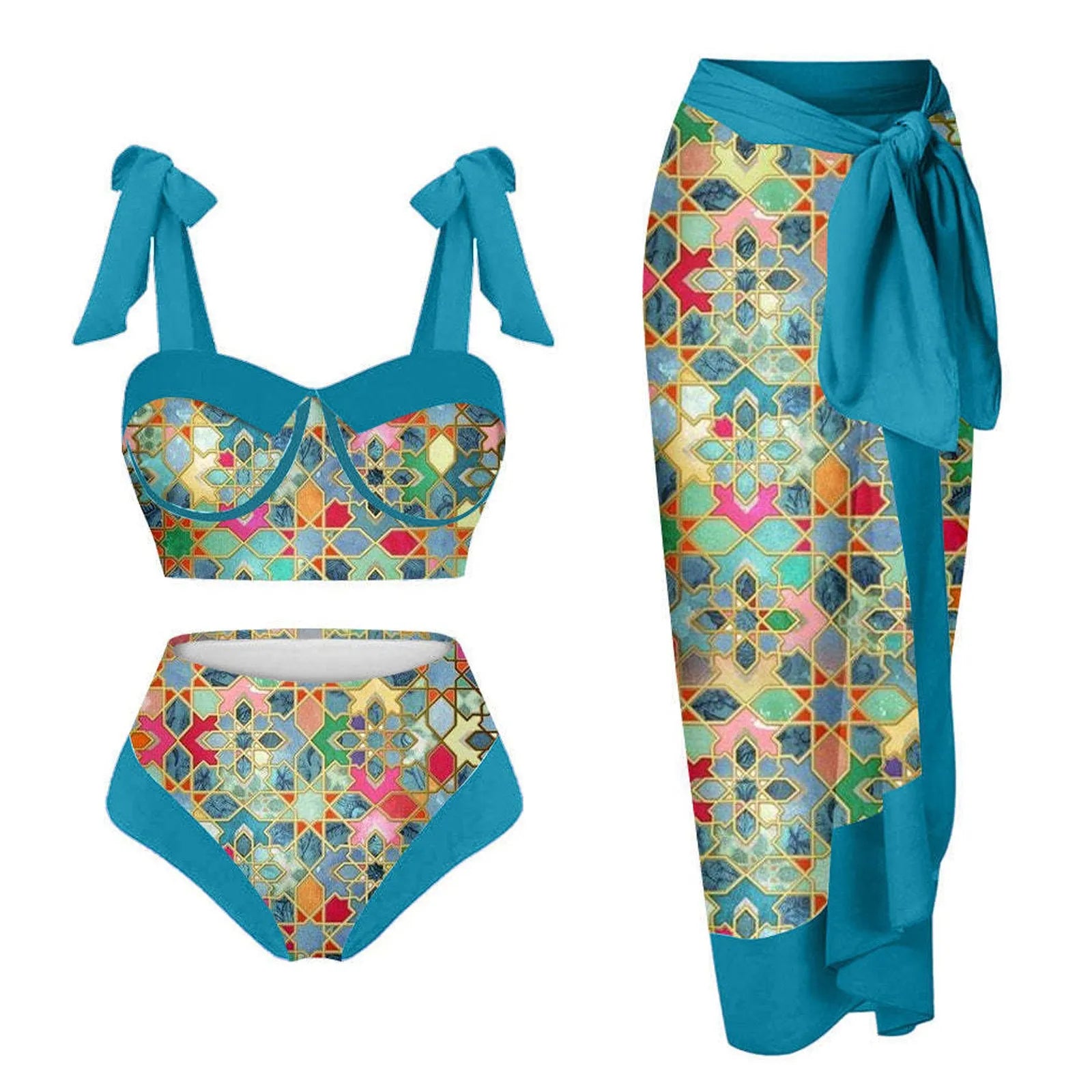 Women's pink printing split swimsuit three-piece set with skirt, bra, and panties.