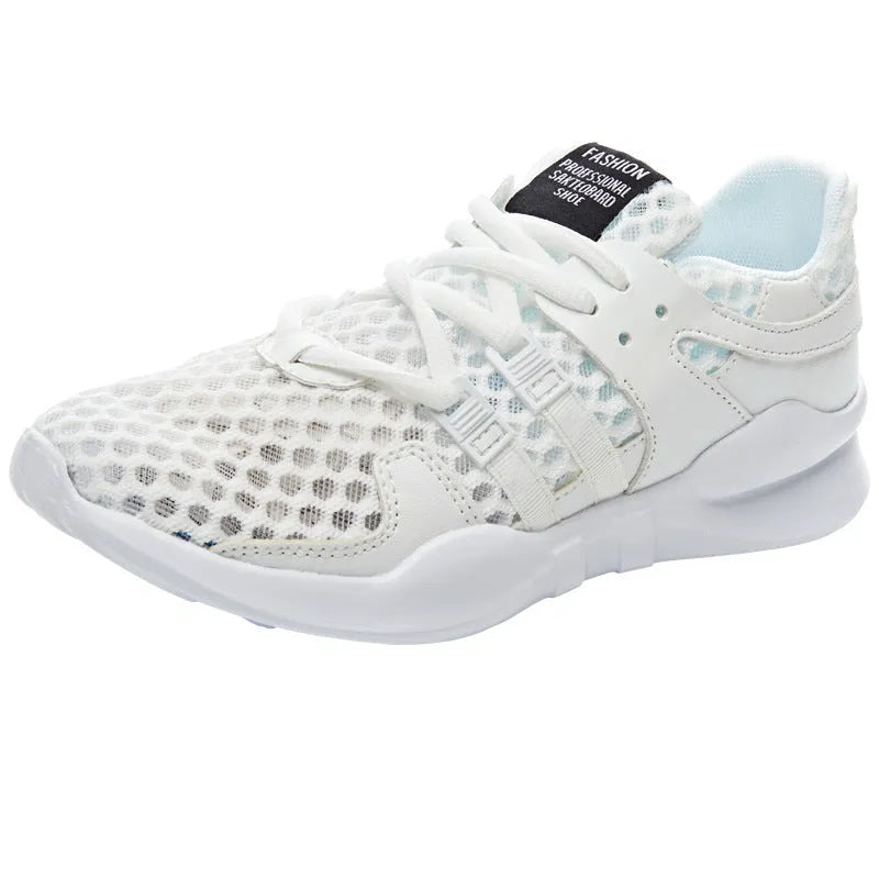 Low-top casual sneaker with a white mesh upper featuring a hollow breathable design and a flat EVA sole.