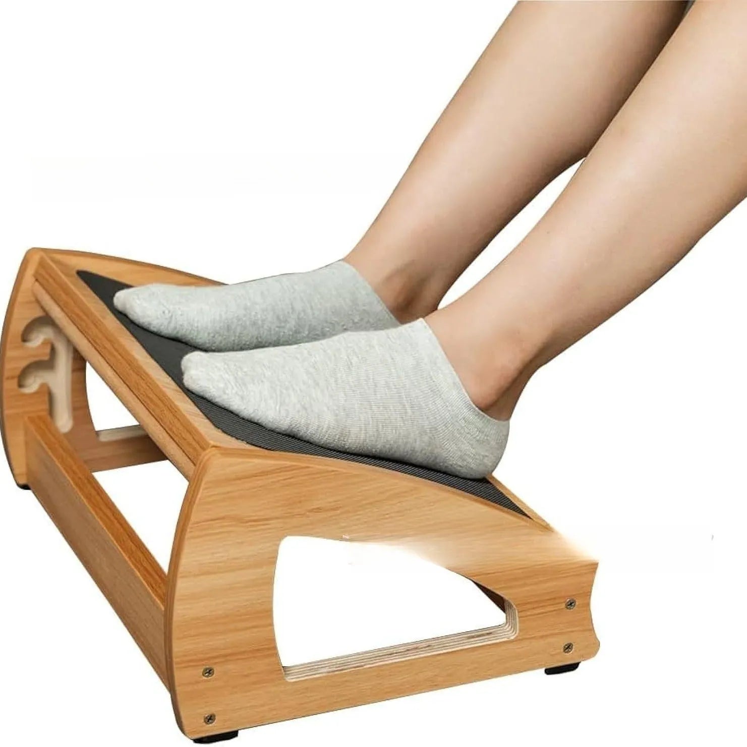 Wooden adjustable height desk footstool with bamboo mechanism in modern minimalist style