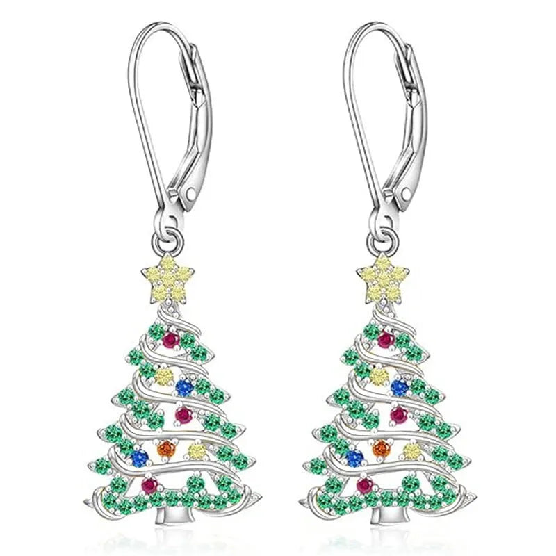Women's Christmas tree earrings with star pendant in white gold colour finish